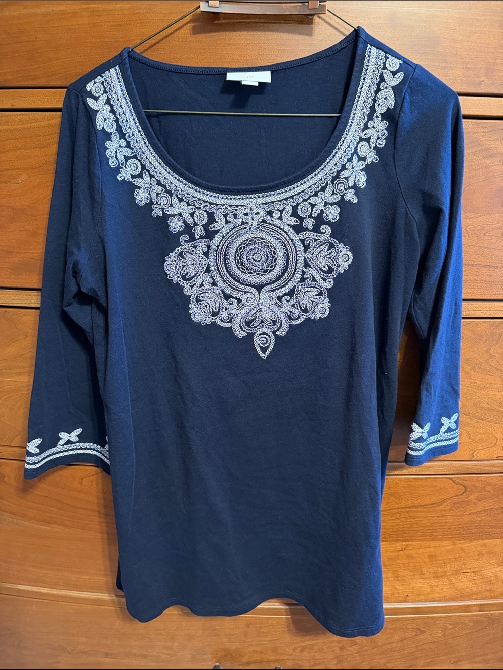 Women's Navy Embroidered Scoop Neck Top